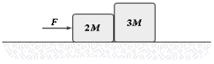 <strong>The coefficient of kinetic friction between the surface and the larger block is 0.25, and the coefficient of kinetic friction between the surface and the smaller block is 0.40. If F = 22 N and M = 1.0 kg in the figure, what is the magnitude of the acceleration of either block? </strong> A)1.8 m/s<sup>2</sup> B)2.6 m/s<sup>2</sup> C)1.4 m/s<sup>2</sup> D)2.2 m/s<sup>2</sup> E)3.7 m/s<sup>2</sup>