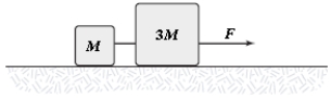 <strong>In the figure, the coefficient of kinetic friction between the surface and the larger block is 0.20, and the coefficient of kinetic friction between the surface and the smaller block is 0.30. If F = 14 N and M = 1.0 kg, what is the magnitude of the acceleration of either block? </strong> A)2.0 m/s<sup>2</sup> B)1.3 m/s<sup>2</sup> C)1.5 m/s<sup>2</sup> D)1.8 m/s<sup>2</sup> E)3.5 m/s<sup>2</sup>