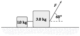 <strong>Two blocks connected by a string are pulled across a horizontal surface by a force applied to one of the blocks, as shown. The coefficient of kinetic friction between the blocks and the surface is 0.25. If each block has an acceleration of 2.0 m/s<sup>2</sup> to the right, what is the magnitude F of the applied force? </strong> A)25 N B)18 N C)11 N D)14 N E)7.0 N