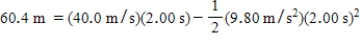 <strong>Given the equations below, which description best fits the physical situation? </strong> A)A projectile's displacement two seconds after being fired upward with a speed of 30.0 m/s. B)A projectile's displacement two seconds after being fired upward with a speed of 40.0 m/s. C)A projectile's displacement two seconds after being fired upward with a speed of 50.0 m/s. D)A projectile's displacement two seconds after being fired upward with a speed of 60.0 m/s. E)A projectile's displacement two seconds after being fired upward with a speed of 80.0 m/s.