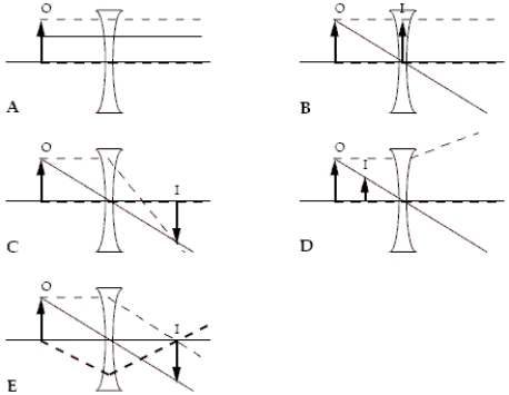 <strong>Which ray diagram is correct? The three rays in each diagram are distinguished by different types of lines. Hint: Check the behavior of each ray as it interacts with the lens. </strong> A)A B)B C)C D)D E)E