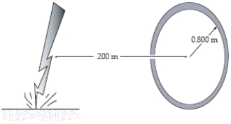 A bolt of lightning strikes the ground 200 m from a 100-turn coil oriented vertically and with the plane of the coil pointing toward the lightning strike. The radius of the coil is 0.800 m and the current in the lightning bolt falls from 6.02 × 106 A to zero in 10.5 μs. What is the voltage induced in the coil over this time period? [A question for future electrical engineers: is there any way to get lightning to strike repeatedly at the same point?] ​  <div style=padding-top: 35px> 