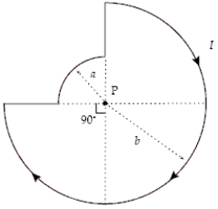 <strong>In the figure, if a = 2.0 cm, b = 4.0 cm, and I = 2.0 A, what is the magnitude of the magnetic field at point P? </strong> A)49 μT B)39 μT C)50 μT D)69 μT E)13 μT