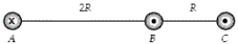 <strong>The figure shows a cross section of three parallel wires each carrying a current of 24 A. The currents in wires B and C are out of the paper, while that in wire A is into the paper. If the distance R = 5.0 mm, what is the magnitude of the force on a 4.0-m length of wire A? </strong> A)15 mN B)77 mN C)59 mN D)12 mN E)32 mN