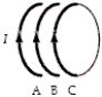 <strong>A solenoid consists of 100 circular turns of copper wire. Parts of three turns, A, B and C, are shown below. When a current flows through the coil,</strong> A)both A and C are repelled by B. B)A is attracted to B; C is repelled by B. C)neither A nor C is attracted to or repelled by B. D)A is repelled by B; C is attracted to B. E)both A and C are attracted to B.