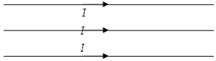 Three coplanar parallel straight wires carry equal currents I to the right as shown below. Each pair of wires is a distance a apart. The direction of the magnetic force on the middle wire