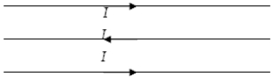 Three coplanar parallel straight wires carry equal currents I as shown below. The current in the outer wires is directed to the right, and that in the middle wire is directed to the left. Each pair of wires is a distance a apart. The direction of the magnetic force on the middle wire