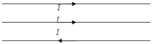Three coplanar parallel straight wires carry equal currents I to the right as shown below. The current in the upper two wires is directed to the right, but the current in the bottom wire is directed to the left. Each pair of wires is a distance a apart. The direction of the magnetic force on the middle wire
