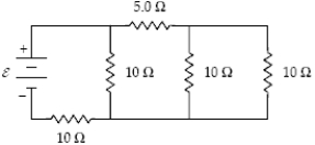 <strong>At what rate is thermal energy generated in the 5-Ω resistor when ε = 24 V? </strong> A)13 W B)3.2 W C)23 W D)39 W E)51 W