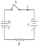 <strong>At t = 0 the switch S is closed with the capacitor uncharged. If C = 40 μF, ε = 50 V, and R = 5.0 kΩ, how much energy is stored by the capacitor when I = 2.0 mA? </strong> A)20 mJ B)28 mJ C)32 mJ D)36 mJ E)40 mJ