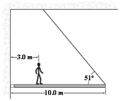The figure shows a uniform, horizontal beam (length = 10 m, mass = 25 kg) that is pivoted at the wall, with its far end supported by a cable that makes an angle of 51° with the horizontal. If a person (mass = 60 kg) stands 3.0 m from the pivot, what is the tension in the cable?