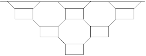 A mobile is made of identical objects of mass m suspended so that the lowest row has one object, the row above two objects, and the row above three objects. All the strings are at 45° angles. What is the average tension in the strings connecting the highest row to the ceiling?