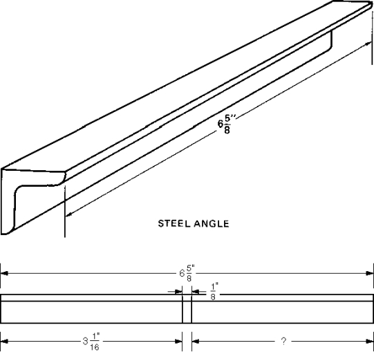A 2 1/4 long piece is cut from the piece of steel angle iron illustrated. If there is 1/16 of waste caused by the kerf of the oxy-acetylene cutting process, what is the length of the remaining piece of angle iron, in inches?