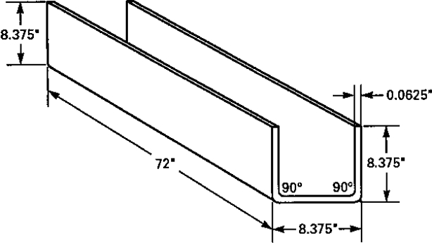 Two outside 90 degree bends are used to shape a section of transfer gutter. Find, in inches, the length of 1/16 plate needed for this gutter.