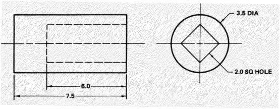 A 2-inch square hole is machined in this cylinder. Find, to the nearest hundredth cubic inch, the volume after machining the square hole.
