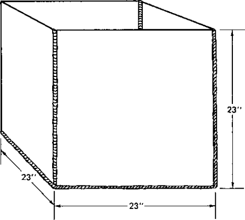 Figure 29-1 What is the volume of the container in the figure, in gallons? All dimensions are inside measurements, and the plate is 1/2 thick. Carry the answer to two decimal places. Tip: There are in 1 gallon.