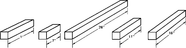 What is the average length of the five pieces shown, in inches?