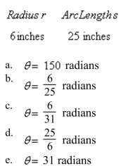 Find the radian measure of the central angle of a circle of radius r that intercepts an arc of length s.  <div style=padding-top: 35px> 