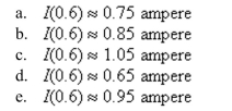 The current I (in amperes) when 100 volts is applied to a circuit is given by   where   is the time (in seconds) after the voltage is applied. Approximate the current at   second after the voltage is applied. Round your answer to two decimal places.  <div style=padding-top: 35px> 