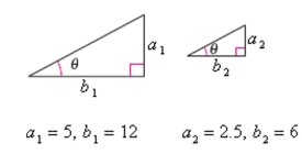 Find the exact values of the three trignometric functions of the angle     of the two triangles shown below. Is the function values are the same? Explain.    <div style=padding-top: 35px> 