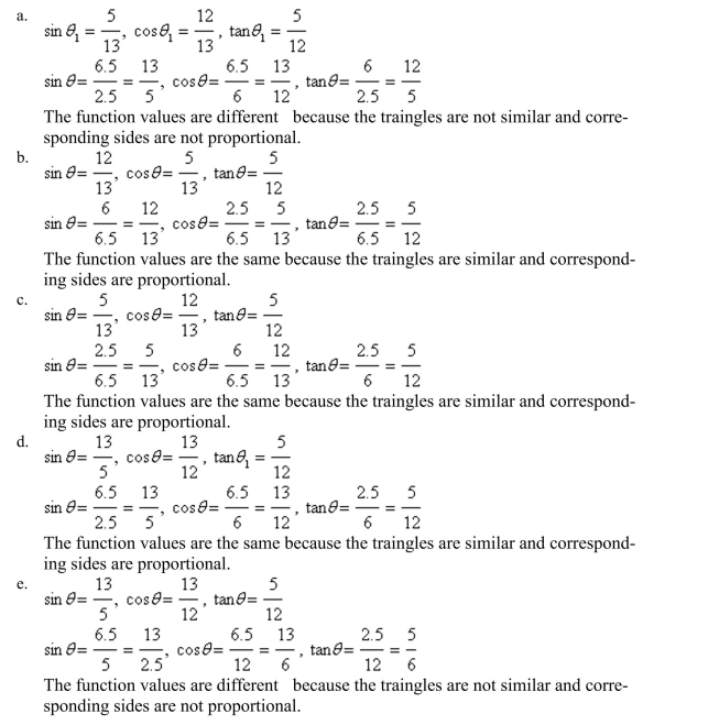 Find the exact values of the three trignometric functions of the angle     of the two triangles shown below. Is the function values are the same? Explain.    <div style=padding-top: 35px> 