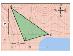 A large region of forest has been infested with gypsy moths. The region is roughly triangular, as shown in the figure on the next page. From the northernmost vertex A of the region, the distances to the other vertices are x = 25 miles south and 10 miles east (for vertex B), and 20 miles south and 28 miles east (for vertex C). Use a graphing utility to approximate the number of square miles in this region. 