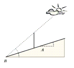 A straight road makes an angle, A, of 16° with the horizontal. When the angle of elevation, B, of the sun is 59°, a vertical pole beside the road casts a shadow 7 feet long parallel to the road, see figure. Approximate the length of the pole. Round answer to two decimal places.