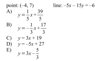 Write the slope-intercept form of the equation of the line through the given point perpendicular to the given line.