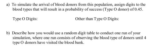 Forty-five percent of donors have type O blood. The blood bank needs 4 donors with type O blood to restock their reserves. The director has the option of waiting to get 4 type O donors during the day, or ordering type O blood from a neighboring blood bank. Your task is to design and conduct a simulation to estimate the probability it takes 12 or more donors to get 4 with type O blood. c) Using the following lines from a random digit table, perform three runs of your simulation. Based on your results, what is your estimate of the probability of getting 4 Type O donors before 12 donors arrive at the blood bank? (You may mark above the digits to help explain your procedure.)