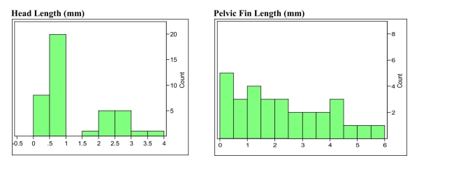 Marine biologists have reported the discovery of a new species of fish in the Western North Atlantic. Data on the head length (n=41) and pelvic fin length (n=30) are shown below. a) Describe the distributions of these two variables using appropriate statistical terms. b) The distribution of head lengths appears to be rather strange. What do you think might account for the shape of this distribution?