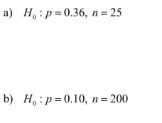 Assuming a random sample from a large population, for which of the following null hypotheses and sample sizes is the large-sample z test appropriate? Show the calculations leading to your responses.