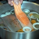 <strong>What is the name of the cooking liquid for poaching salmon? </strong> A) Fish bouillon B) Court bouillon C) Fish stock D) Salmon stock