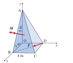 Force is applied at D along line DB and couple is perpendicular to plane ABC. Assume magnitudes F 5 20 lb and couple M 5 50 in-lb. The moment