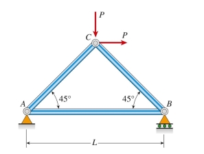plane truss with span length L 5 4.5 m is constructed using cast iron pipes   with a cross-sectional area of   The displacement of joint B cannot exceed 2.7 mm. The maximum value of Loads P is approximately:   (A) 340 kN (B) 460 kN (C) 510 kN (D) 600 kN<div style=padding-top: 35px> 