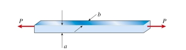 A steel bar of rectangular cross section (a 5 38 mm, b 5 50 mm) carries a tensile load P. The allowable stresses in tension and shear are 100 MPa and 48 MPa, respectively. The maximum permissible load   is Approximately:    <div style=padding-top: 35px> 