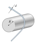 A copper wire (d 5 1.5 mm) is bent around a tube of radius R 5 0.6 m. The maximum normal strain in the wire is approximately: