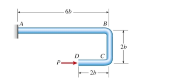 A steel hanger with solid cross section has horizontal force P 5 5.5 kN applied at free end D. Dimension variable b 5 175 mm and allowable normal stress is 150 MPa. Neglect self-weight of the hanger. The required Diameter of the hanger is approximately: (A) 5 cm (B) 7 cm (C) 10 cm (D) 13 cm
