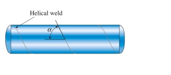 A cylindrical tank is assembled by welding steel sections in a helical pattern with angle 50°. Tank diameter is 1.6 m, thickness is 20 mm, and internal pressure is 2.75 MPa. Modulus 210 GPa and Poisson's Ratio ν 5 0.28. The longitudinal strain in the the wall of the tank is approximately: