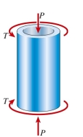 A segment of a drive shaft ( 160 mm) is subjected to a torque allowable shear stress in the shaft is 45 MPa. The maximum permissible compressive load P is approximately: