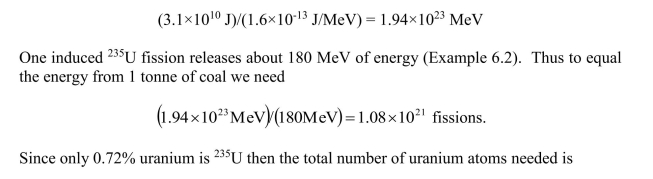 From Appendix IV the energy content of one tonne of coal is comparison to fission energy we convert this to MeV to get