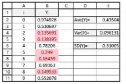 Formulas with random time sequence with index starting with i=0 and conditional formatting. The following worksheet computes 10 random values using RAND() and finds the average, variance and standard deviation. a.What is the formula in E2? b.What is the formula in E4? c.What is the formula in E6? d.The cells in Column B that are less than the ________ are highlighted using conditional formatting.  <div style=padding-top: 35px> 