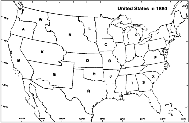 MAP QUESTIONS Instructions: Choose the letter on the accompanying map of the United States in 1860 that correctly identifies each of the following: Kansas Territory