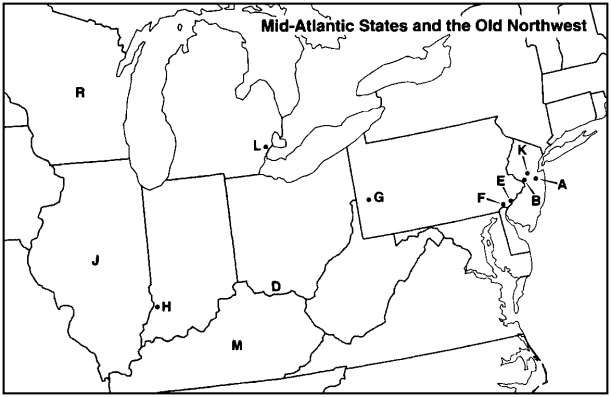MAP QUESTIONS Instructions: Choose the letter on the accompanying map of the Mid-Atlantic States and Old Northwest that correctly identifies each of the following: Brandywine Creek, Pennsylvania