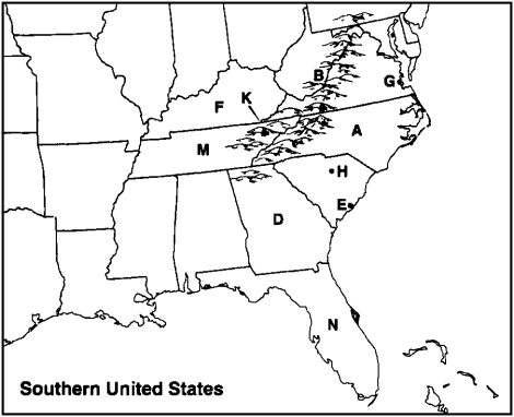 Instructions: Choose the letter on the accompanying map of the southern United States that correctly identifies each of the following: Georgia