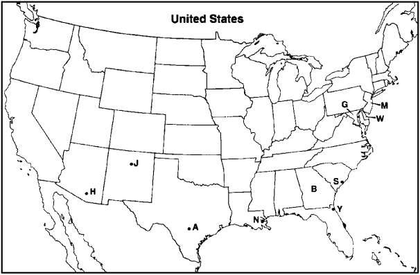 MAP QUESTIONS Instructions: Choose the letter on the accompanying map of the United States that correctly identifies each of the following: New Jersey
