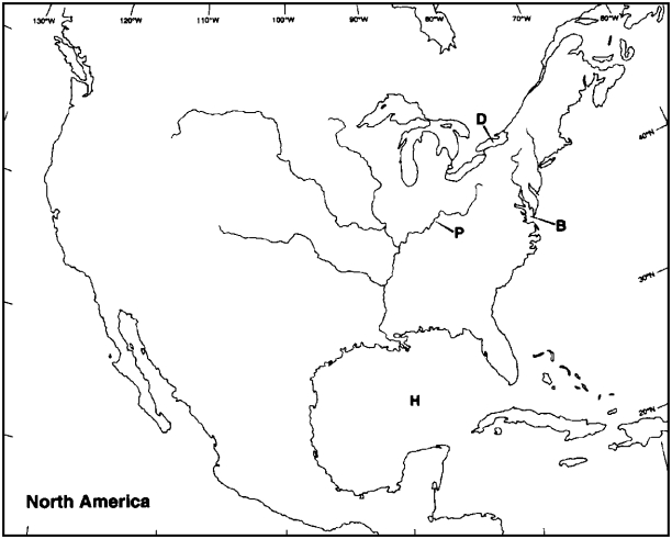 Instructions: Choose the letter on the accompanying map of North America that correctly identifies each of the following: Gulf of Mexico