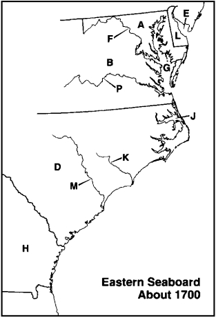 Instructions: Choose the letter on the accompanying map of the southeastern seaboard that correctly identifies each of the following: Potomac River