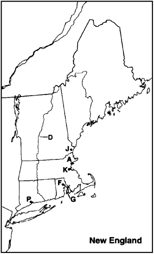 Instructions: Choose the letter on the accompanying map of New England that correctly identifies each of the following: Boston, Massachusetts