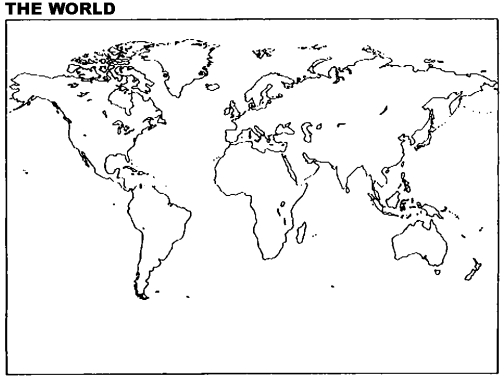 Instructions: Please use this outline map of the world to answer the question(s). Indicate the following colonial empires in 1750: Spanish, Dutch, French, and British.
