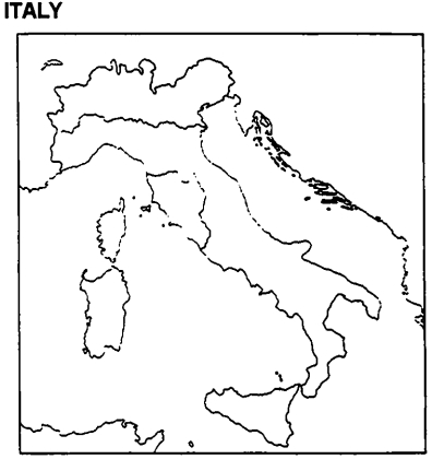 Instructions: Please use this outline map of Italy to answer the question(s). Locate the five major powers that emerged on the Italian peninsula: the kingdom of Naples and Sicily, the Papal States, Florence, Venice, and Milan.